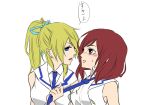  2girls ayase_eli blonde_hair blue_eyes blue_necktie blush breasts commentary_request eye_contact kashikaze long_hair looking_at_another love_live! love_live!_school_idol_project medium_breasts medium_hair multiple_girls necktie necktie_grab neckwear_grab nishikino_maki open_mouth parted_lips ponytail purple_eyes red_hair sailor_collar shirt simple_background sleeveless sleeveless_shirt speech_bubble sweatdrop teeth translated upper_body upper_teeth_only white_background white_sailor_collar white_shirt yuri 