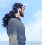  1boy beard black_hair blue_sky facial_hair highres long_hair looking_to_the_side male_focus pocketbee ponytail sky solo_focus thors viking vinland_saga 