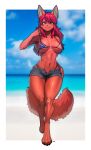  1girl absurdres american_flag_bikini animal_ears animal_feet beach bikini bikini_under_shorts blue_eyes body_fur breasts commission day denim denim_shorts flag_print fox_ears fox_girl fox_tail full_body furry furry_female heterochromia highres large_breasts long_hair navel original outdoors pgm300 print_swimsuit red_eyes red_hair shiny_skin short_shorts shorts solo strap_pull swimsuit tail underboob watermark 