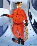  absurd_res anthro belly big_belly big_tail black_hair boots cheetah clothing domestic_cat felid feline felis footwear hair hi_res male mammal open_mouth orange_clothing pregnant pregnant_anthro pregnant_male solo space station tail uniform warhamon 