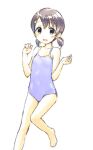  1girl barefoot black_eyes black_hair blue_one-piece_swimsuit blush flat_chest foot_out_of_frame hair_ornament idolmaster idolmaster_cinderella_girls kawaseki looking_at_viewer one-piece_swimsuit open_mouth rabbit_hair_ornament sasaki_chie school_swimsuit short_hair short_twintails simple_background sketch smile solo swimsuit twintails white_background 