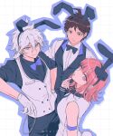  1girl 2boys :o ahoge animal_ears black_bow black_bowtie black_pants black_shirt boleum_(dgrpluna) bow bowtie brown_eyes brown_hair chain closed_mouth collared_shirt danganronpa_(series) danganronpa_2:_goodbye_despair fake_animal_ears gloves grey_hair grey_vest hair_between_eyes highres hinata_hajime komaeda_nagito looking_at_viewer medium_hair messy_hair multiple_boys nanami_chiaki open_mouth pants pink_bow pink_bowtie pink_hair rabbit_ears rabbit_tail shirt short_hair tail vest white_background white_gloves 