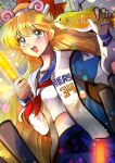  1girl aino_minako any813 baseball bishoujo_senshi_sailor_moon blonde_hair blue_eyes blue_skirt bow crop_top fish highres jacket long_hair long_sleeves red_bow school_uniform skirt teeth upper_teeth_only very_long_hair 