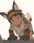  1suke 4_fingers accessory animal_arms animal_humanoid arm_tattoo armor bent_over blush blush_lines bottomwear brown_body brown_fur brown_hair brown_tail canid canid_humanoid canine canine_humanoid child clothing fingers forehead_tattoo front_view fur green_eyes hair headband hi_res humanoid inner_ear_fluff male mammal mammal_humanoid ragged_clothing shawl shorts solo spaulder tail tattoo tribal tuft white_inner_ear_fluff wolf_humanoid young 