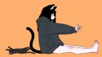 1girl animal_ear_fluff animal_ears bare_legs barefoot black_cat black_hair blush cat cat_ears cat_girl cat_tail closed_eyes emphasis_lines from_side grey_hoodie highres hood hoodie megateru no_pants nose_blush on_floor orange_background original outstretched_arms oversized_clothes pinching_gesture solo stretching tail 