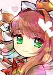  1girl blush brown_hair brown_jacket chromatic_aberration closed_mouth commentary doki_doki_literature_club doradorakingyo eyelashes green_eyes hair_ribbon heart jacket long_hair looking_at_viewer monika_(doki_doki_literature_club) ponytail red_ribbon ribbon smile solo sweater_vest symbol-only_commentary twitter_username white_ribbon 