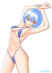  1girl absurdres armpits arms_up artist_name ass ayanami_rei bacillus bikini blue_hair breasts closed_mouth cowboy_shot criss-cross_halter curled_fingers expressionless halterneck hand_on_own_wrist highleg highleg_bikini highres leaning_back looking_at_viewer medium_breasts navel neon_genesis_evangelion paid_reward_available purple_bikini red_eyes short_hair sideboob signature simple_background solo standing stretching swimsuit underboob white_background 