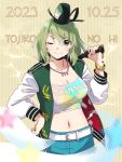  1girl belt green_eyes green_hair highres jacket jewelry looking_at_viewer makuwauri midriff necklace one_eye_closed open_clothes open_jacket short_hair smile soga_no_tojiko solo touhou 