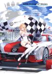  1girl absurdres azur_lane bare_shoulders black_gloves blonde_hair breasts car character_name checkered_flag cleavage clothing_cutout company_name criss-cross_halter detached_sleeves enka_(bcat) flag full_body gloves halterneck highres holding holding_flag large_breasts logo long_hair looking_at_viewer motor_vehicle official_art on_vehicle page_number prince_of_wales_(azur_lane) race_queen race_vehicle racecar red_eyes scan sitting sitting_on_car skin_tight smile solo thighhighs underboob_cutout vehicle_focus white_thighhighs 