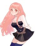  1girl alternate_hairstyle belt blue_thighhighs blunt_bangs buttons chimney_(chimney0311) commentary fire_emblem fire_emblem:_three_houses garreg_mach_monastery_uniform hair_down highres hilda_valentine_goneril long_hair looking_at_viewer pink_eyes pink_hair pout simple_background solo symbol-only_commentary thighhighs white_background 