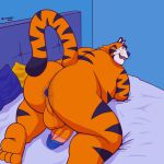  absurd_res anal_hair anthro balls bed big_balls big_butt big_penis body_hair butt butt_hair circumcised circumcision_scar feet felid frosted_flakes furniture genital_scar genitals hi_res kellogg&#039;s male mammal mascot overweight pantherine penis rear_view rionmaro scar solo tiger tony_the_tiger 