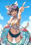  1girl :d animal_ear_fluff animal_ears bikini bikini_under_clothes black_hair blue_sky blush brown_eyes cat_ears cat_tail cutoffs day denim denim_shorts eyewear_on_head foreshortening hair_between_eyes heart heart-shaped_eyewear highres indie_virtual_youtuber innertube looking_at_viewer navel outdoors shirt shorts sky smile solo swimsuit tail tied_shirt v virtual_youtuber water yellow_bikini yellow_nails yoruhachi 