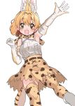  animal_ears bare_shoulders blonde_hair bow bowtie cat_ears cat_girl cat_tail elbow_gloves extra_ears gloves hair_between_eyes high-waist_skirt highres houkokukokui kemono_friends looking_at_viewer open_mouth print_bow print_bowtie print_gloves print_skirt print_thighhighs serval_(kemono_friends) serval_print shirt short_hair skirt sleeveless smile tail thighhighs waving white_shirt yellow_eyes zettai_ryouiki 