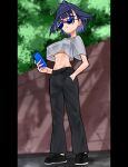  1girl absurdres blue_eyes blue_hair breasts cellphone covered_nipples hair_intakes hand_in_pocket highres hololive hololive_english koizumi_arata midriff multicolored_hair navel ouro_kronii pants phone shirt short_hair smartphone solo sunglasses tree underboob virtual_youtuber wall 