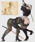  1boy 1girl 2b_(nier:automata) ass ass_grab black_blindfold black_hairband blindfold bodysuit boots breasts clothing_cutout commentary covered_eyes crossover cyborg english_commentary feather-trimmed_sleeves feather_trim full_body grey_background hairband head_between_thighs high_heel_boots high_heels highres holding holding_weapon leaning_forward leotard long_sleeves metal_gear_(series) metal_gear_rising:_revengeance mole mole_under_mouth nier:automata nier_(series) raiden_(metal_gear) reference_inset short_hair simple_background sneaking_suit standing thighhighs thighhighs_under_boots thighs virtuous_contract weapon white_hair white_leotard yoracrab 