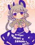  1girl animal_ears black_dress box capelet closed_mouth commentary_request dress gift gift_box grey_capelet grey_hair highres holding holding_gift long_sleeves looking_at_viewer mouse_ears mouse_girl mouse_tail nazrin pink_background red_eyes rin_tarou short_hair smile solo tail touhou 