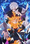  2boys 6+others blue_eyes blue_fire boku_no_hero_academia burn_scar coat dabi_(boku_no_hero_academia) endeavor_(boku_no_hero_academia) father_and_son fire gradient_background highres holding holding_letter letter male_focus morozumi multiple_boys multiple_others outstretched_arm paper scar smile spoilers stapled stitches todoroki_touya twitter_username white_hair 