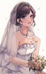  1girl alternate_costume bouquet brown_eyes brown_hair commentary_request dress hair_up hand_on_own_chest highres holding holding_bouquet jewelry mimimi_(vvvkkj) necklace open_mouth project_sekai ring shinonome_ena solo tears upper_body veil wedding_dress white_background 