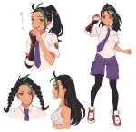  1girl :d alternate_hairstyle black_hair black_pantyhose braid breast_pocket clenched_hand collared_shirt commentary_request fingerless_gloves gloves green_hair hand_up hands_up highres holding holding_poke_ball multicolored_hair multiple_views necktie nemona_(pokemon) open_mouth osg_pk pantyhose pocket poke_ball poke_ball_(basic) pokemon pokemon_(game) pokemon_sv ponytail purple_necktie purple_shorts shirt shoes short_sleeves shorts single_glove smile sneakers sparkle translation_request twin_braids twintails two-tone_hair white_background white_footwear white_shirt 