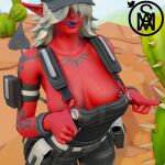  1girl black_nails demon_girl demon_tail desdemona_(fortnite) fortnite highres long_hair middlemansfm overalls purple_lips tail tattoo wet white_hair 