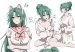  1girl animal_ears belt_collar blush breasts cat_ears collar earrings fake_animal_ears fingernails green_eyes green_hair hair_bun highres higurashi_no_naku_koro_ni jewelry korean_commentary korean_text large_breasts legs long_hair looking_at_viewer multiple_views nonanonnon6u6 open_mouth parted_bangs short_sleeves simple_background single_hair_bun sitting sonozaki_mion speech_bubble sweatdrop teeth white_background 