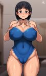  1girl absurdres ass_visible_through_thighs black_hair blue_one-piece_swimsuit blush breasts cameltoe closed_mouth covered_navel covered_nipples hair_ornament hairclip hand_on_own_chest highres jmg kirigaya_suguha large_breasts looking_at_viewer oiled one-piece_swimsuit plump short_hair skin_tight solo standing swimsuit sword_art_online wet 