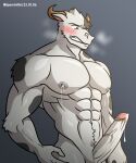  5:6 abs absurd_res alkan anthro big_chest big_muscles big_pecs big_penis black_spots bodily_fluids bovid bovine breast_milking brown_eyes cattle cum erection fur genital_fluids genitals hi_res horn lactating male mammal milk muscular muscular_anthro muscular_male navel nipple_milking nipples nude nude_anthro nude_male pecs penis solo spots tears white_body white_fur 