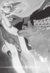  1girl absurdres angry animal aslaug_(fate) breasts fate:lost_einherjar fate_(series) greyscale highres large_breasts looking_up miwa_shirow monochrome non-web_source official_art short_hair wolf 