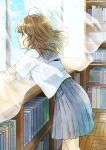  1girl book bookshelf brown_eyes brown_hair curtains day highres indoors leaning_forward library looking_outside original school_uniform see-through serafuku shirt short_sleeves standing tsukina_natsuki white_shirt wind 