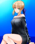  1girl ahoge artoria_pendragon_(fate) bare_shoulders black_sweater blonde_hair braid braided_bun breasts cleavage collarbone engo_(aquawatery) fate/grand_order fate/stay_night fate_(series) green_eyes hair_between_eyes hair_bun hair_ribbon highres long_hair looking_at_viewer medium_breasts ribbon saber sidelocks single_hair_bun smile solo sweater thighs yellow_eyes 