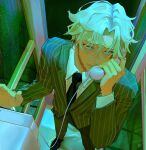  1boy aqua_eyes aqua_hair black_necktie character_request check_character check_copyright collared_shirt copyright_request dottore_(genshin_impact) facing_viewer formal genshin_impact green_pants green_suit highres holding holding_phone looking_to_the_side male_focus necktie pants phone phone_booth pokipon shirt solo suit white_shirt window 