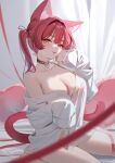 1girl animal_ears bare_shoulders blush breasts cat_ears cat_girl cat_tail cleavage commentary_request heterochromia highres hololive houshou_marine kemonomimi_mode large_breasts long_hair looking_at_viewer medium_hair off_shoulder red_eyes red_hair ruiuncle shirt sitting sleeves_past_wrists solo tail thighs twintails virtual_youtuber white_shirt yellow_eyes 