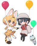  2girls animal_ears balloon black_hair black_pantyhose blonde_hair blue_eyes blush breasts brown_eyes cat_ears cat_tail closed_mouth fang highres holding holding_balloon holding_hands kaban_(kemono_friends) kemono_friends large_breasts lucky_beast_(kemono_friends) multiple_girls open_mouth pantyhose ransusan serval_(kemono_friends) short_hair shorts small_breasts smile tail thighhighs 