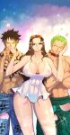  1girl 2boys bell black_hair blue_eyes breasts chest_tattoo closed_mouth collar crossed_arms elizagm eyewear_on_head green_hair jingle_bell kiss kissing_hand long_hair looking_at_viewer multiple_boys muscular muscular_male nico_robin one_eye_closed one_piece roronoa_zoro scar scar_across_eye scar_on_chest scar_on_face short_hair spiked_collar spikes sunglasses tattoo teeth trafalgar_law 