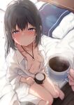  1girl 1other after_sex asashio_(kancolle) black_hair blue_eyes blush breasts closed_mouth coffee coffee_mug collarbone commentary_request cup hair_between_eyes highres jewelry kantai_collection long_hair long_sleeves looking_at_viewer medium_breasts morning mug nagatsukiin navel nipples nude ring sexually_suggestive shirt solo_focus sweat thighhighs wedding_ring white_shirt 