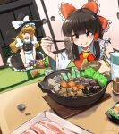  2girls :q ascot blonde_hair blunt_bangs bow bowl braid brown_eyes brown_hair chopsticks detached_sleeves food frilled_bow frills ga-chan24 hair_bow hair_tubes hakurei_reimu hat holding holding_bowl holding_chopsticks indoors kirisame_marisa multiple_girls perspective ribbon-trimmed_sleeves ribbon_trim seiza sitting smile table tatami tongue tongue_out touhou witch_hat yellow_eyes 