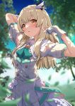  1girl akizuki_rito amatsuna_sasaha arms_up blurry blurry_background blush breasts brown_eyes brown_hair clothing_cutout commentary_request highres indie_virtual_youtuber leaf long_hair looking_at_viewer medium_breasts shoulder_cutout sky solo tree uniform virtual_youtuber wing_hair_ornament 
