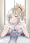  1girl bandeau bare_arms bare_shoulders blonde_hair camisole cat commentary fate/apocrypha fate_(series) green_eyes highres indoors long_hair looking_at_viewer meeneru mordred_(fate) mordred_(fate/apocrypha) ponytail solo upper_body 