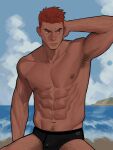 1boy abs absurdres arm_behind_head armpit_hair armpits bara beach black_male_swimwear edeued_(dpemrmfla) frown highres large_pectorals leg_hair long_sideburns looking_to_the_side male_focus male_swimwear muscular muscular_male navel_hair nipples original pectorals red_hair short_hair sideburns solo stomach swim_briefs thick_eyebrows topless_male veins veiny_arms 