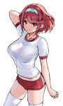  1girl arm_behind_head arm_up blush breasts closed_mouth collarbone commentary earrings gym_shirt gym_shorts gym_uniform hairband jewelry matrix16 medium_breasts puffy_short_sleeves puffy_sleeves pyra_(xenoblade) red_eyes red_hair red_shorts shirt short_shorts short_sleeves shorts simple_background skindentation smile solo thighhighs white_background white_hairband white_shirt white_thighhighs xenoblade_chronicles_(series) xenoblade_chronicles_2 