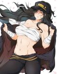  1girl abs banchou biceps big_hair black_hair breasts budget_sarashi cleavage daidouji_(senran_kagura) delinquent hat kinako_(mzknk0) large_breasts long_hair long_jacket looking_at_viewer mole mole_under_eye muscular muscular_female navel obliques red_eyes sarashi senran_kagura simple_background solo toned very_long_hair white_background 