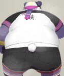  2023 alp_(tas) anhrmgzo anthro bear belly big_belly biped bodily_fluids bottomwear butt clothing giant_panda hat headgear headwear kemono lifewonders mammal overweight purple_body shorts simple_background solo sweat tokyo_afterschool_summoners white_body 