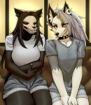  absurd_res anthro big_breasts breasts canid canine canis duo dziero felid female fur furniture grey_body grey_fur helluva_boss hi_res loona_(helluva_boss) mammal scp-1471 scp_foundation sofa teeth wolf 