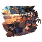  2boys 3girls bandaged_head bandages beach beatrix_(granblue_fantasy) black_male_swimwear closed_mouth day draph drinking_straw eustace_(granblue_fantasy) flower flower_necklace food fruit granblue_fantasy horns ilsa_(granblue_fantasy) large_pectorals male_swimwear multiple_boys multiple_girls muscular muscular_male official_alternate_costume official_art outdoors pectorals smile sunglasses sunset vaseraga vaseraga_(summer)_(granblue_fantasy) water watermelon yellow_flower zeta_(granblue_fantasy) 