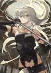  1girl black_bodysuit bodysuit clothing_cutout elbow_gloves fadingz gloves green_eyes highres holding holding_polearm holding_weapon long_hair looking_at_viewer mole mole_under_mouth nier:automata nier_(series) no_blindfold parted_lips polearm solo weapon white_hair yorha_type_a_no._2 