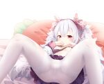  1girl absurdres animal_ears azur_lane blush bow breasts camisole chinese_commentary clothes_lift commentary_request covering_mouth crossed_bangs embarrassed fake_animal_ears frown hair_bow hairband hand_over_own_mouth highres laffey_(azur_lane) long_sleeves looking_at_viewer lying nipples on_back one_breast_out panties pantyhose pillow pink_bow pink_panties plaid plaid_bow purple_skirt rabbit_ears red_eyes see-through see-through_legwear shirt_lift skirt skirt_lift small_breasts spread_legs striped striped_panties thighband_pantyhose twintails underwear white_hair white_pantyhose z-wumi 