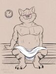  anthro bench blush blush_lines bodily_fluids chance_furlong claws corgi_(artist) domestic_cat felid feline felis hanna-barbera heat_(temperature) male mammal navel nipples sauna scientific_instrument smile smiley_face solo stripes_fur swat_kats sweat thermometer toe_claws towel 