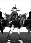  1girl absurdres breasts cannon commentary_request female_admiral_(kancolle) gloves greyscale highres kana_haruki kantai_collection mast medium_breasts medium_skirt monochrome nakama_saori ponytail ripples serious sheath skirt solo standing standing_on_liquid sword weapon 