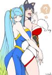  2girls ? ahri_(league_of_legends) alternate_eye_color animal_ears assertive_female aura bare_arms bare_shoulders black_hair blonde_hair blue_dress blue_eyes blue_hair blush breast_press breasts breasts_on_another&#039;s_back cleavage collarbone confused corruption crown dress finger_in_another&#039;s_mouth finger_to_mouth fox_ears fox_girl fox_tail glowing glowing_eyes grabbing gradient_hair green_eyes holding_hands hug huge_breasts korean_commentary league_of_legends lolboja long_hair looking_at_another looking_back low_neckline multicolored_hair multiple_girls open_mouth possessed pout red_dress role_reversal saliva sona_(league_of_legends) sweat tail tearing_up tears teeth twintails very_long_hair viego_(league_of_legends) white_background white_tail yellow_eyes you_gonna_get_raped yuri 