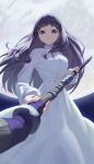  1girl absurdres aiming aiming_at_viewer blunt_bangs dress expressionless fern_(sousou_no_frieren) floating_hair full_moon highres holding holding_staff llami_0 long_dress long_hair long_sleeves looking_at_viewer mage_staff moon purple_eyes purple_hair solo sousou_no_frieren staff very_long_hair white_dress 
